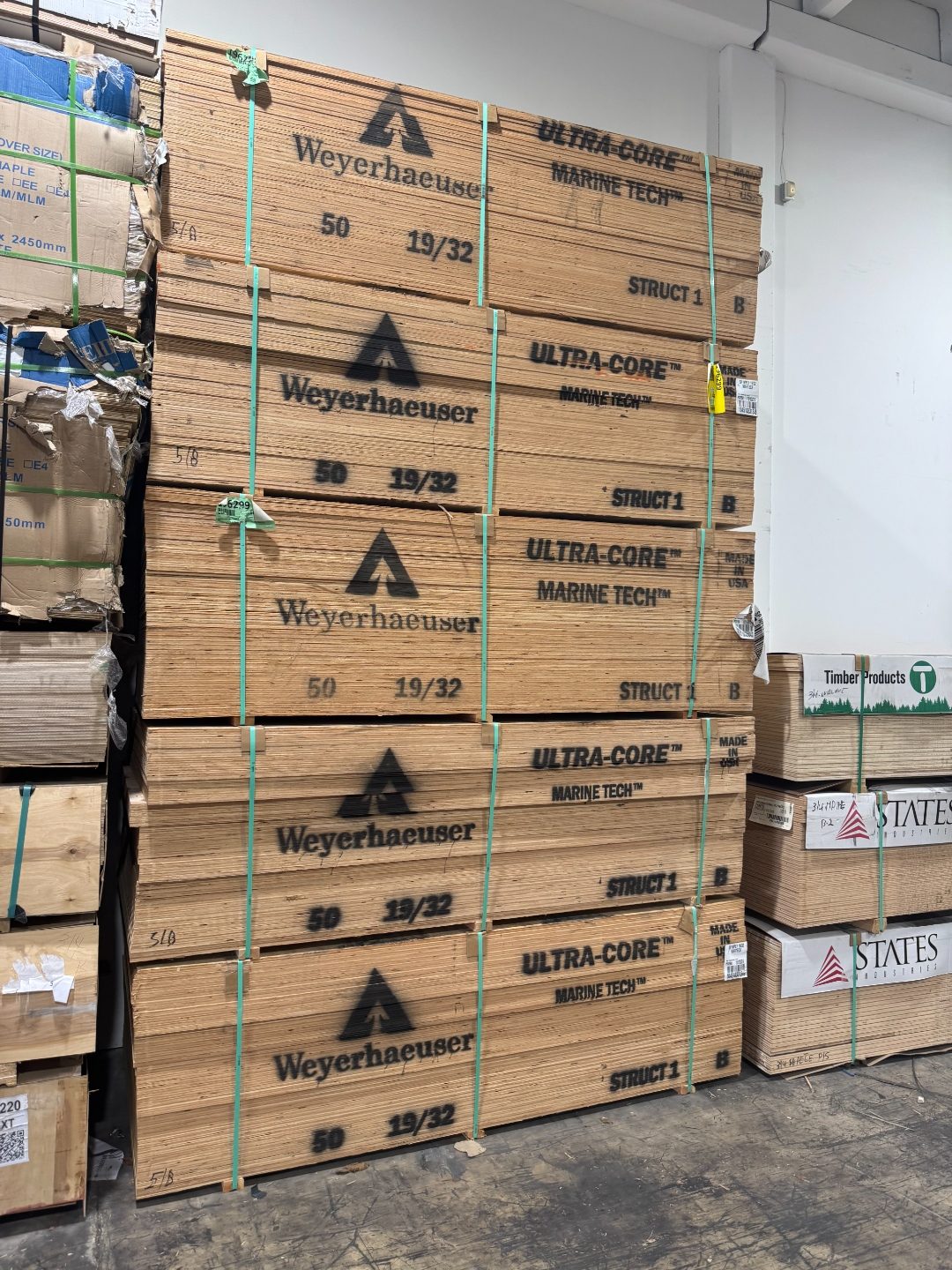 International Plywood & Lumber warehouse showing stocked panel inventory in Doral FL