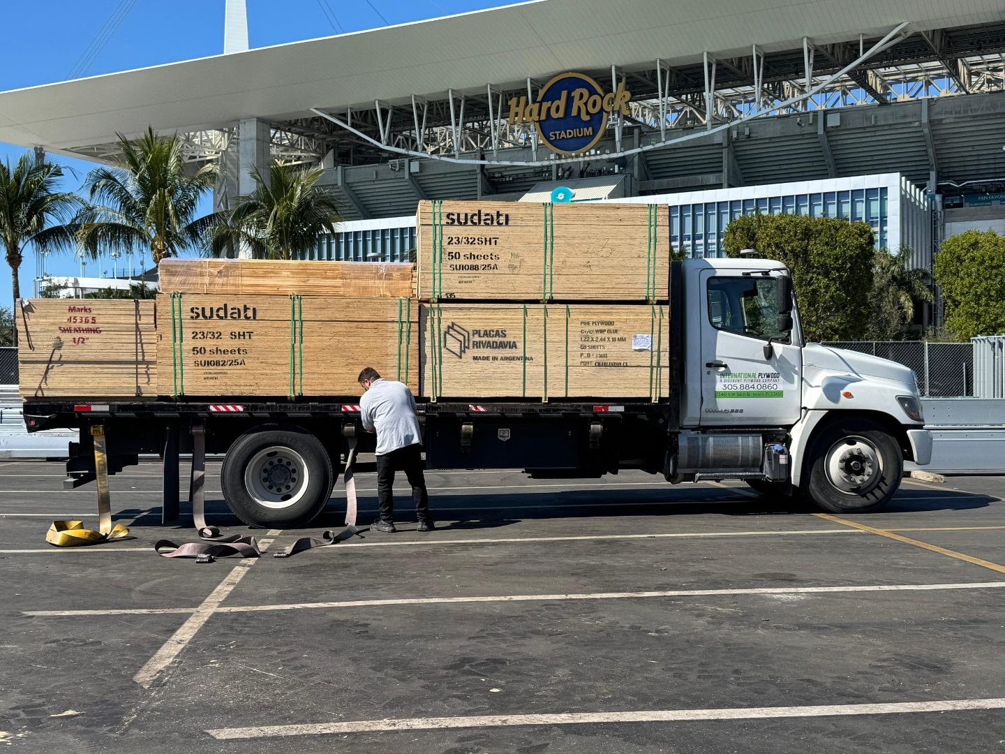 International Plywood flatbed delivery at Hard Rock Stadium Miami